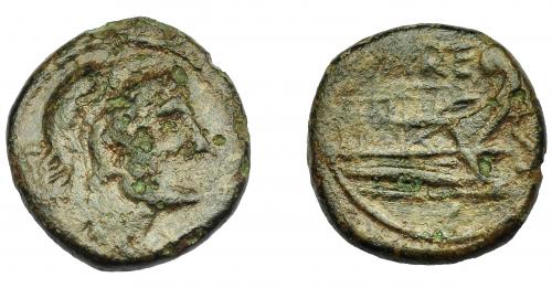 1214 - HISPANIA ANTIGUA. CARTEIA. Semis. A/ Cabeza de Hércules con leonté a der. R/ Proa a der., encima CARTE, delante S. AE 4,64 g. 17,8 mm. I-635. ACIP-2588. Erosiones. Pátina verde. BC+. Muy rara. Ex Áureo, 21-10-1997, lote 1028.