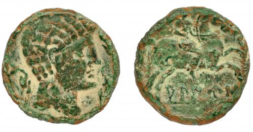 1022 - HISPANIA ANTIGUA. ALAUN. As. A/ Cabeza masculina con torques a der., alrededor tres delfines. R/ Jinete con palma a der., debajo, dobre línea, ley. ibérica ALAUN. AE10,10 g. 26 mm. I-62. ACIP-1470. Pequeñas marcas. Pátina verde claro. MBC-. Muy escasa.