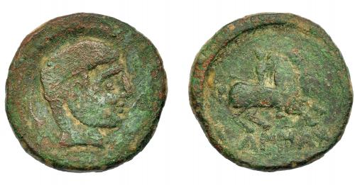 1227 - HISPANIA ANTIGUA. KAISKATA. Unidad. A/ Cabeza masculina a der., delante signo ibérico (Ka), detrás arado. R/ Jinete lancero a der., debajo KaISKaTa. AE13,77 g. 27,9 mm. I-687. ACIP-1681. Pátina verde con erosiones. BC+. Rara.