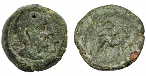 1236 - HISPANIA ANTIGUA. CASTULO. Semis. A/ Cabeza masculina diademada a der., delante S. R/ Toro parado a der., encima creciente, delante signo ibérico S, debajo KaSTiLO (no visible). AE 9,97 g. 22,6 mm. I-715. ACIP-2116. Pátina verde con erosiones. Bc+/BC-.