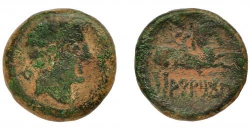 1024 - HISPANIA ANTIGUA. ARATIKOS. As. A/ Cabeza masculina a der., delante ¿creciente?, detrás signo ibérico A. R/ Jinete con lanza a der., debajo ARATiKoS. AE 10,78 g. 23,9 mm. I-67. ACIP-1806. Pátina verde. BC. Escasa.