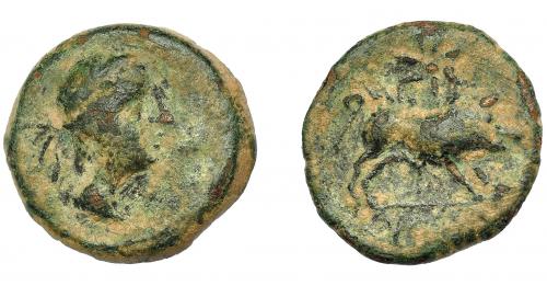 1248   -  HISPANIA ANTIGUA. CASTULO. Cuadrante. A/ Cabeza masculina diademada a der. R/ Jabalí a der., encima estrella, debajo KaSTiLO. AE 3,54 g. 16,7 mm. I-733 (vte.). ACIP-2152. BC+.