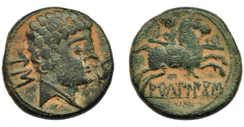 1026 - HISPANIA ANTIGUA. ARKAILIKOS. As. A/ Cabeza masculina con collar a der., delante delfín, detrás signos ibéricos US. R/ Jinete con lanza a der., debajo sobre línea ARKaILIKoS. AE 11,57 g. 24,6 mm. I-71. ACIP-1810. Pequeñas marcas. Pátina verde oscuro. MBC-/BC+. Escasa. Ex Áureo, 28-10-1993, lote 91.