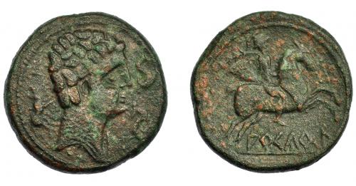 1027 - HISPANIA ANTIGUA. ARKETURKI. As. A/ Cabeza masculina con cuello vestido a der., delante dos delfines, detrás jabalí. R/ Jinete con palma a der., debajo sobr elínea ARKeTuRKi. AE 18,23 g. 28,7 mm. I-78. ACIP-1286. Pátina rugosa. MBC.