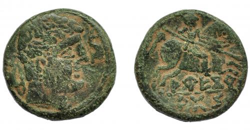 1030 - HISPANIA ANTIGUA. AREKORATAS. As. A/ Cabeza masculina a der. entre dos delfines. R/ Jinete lancero a der., debajo AREKoR/ATaS. AE 8,82 g. 21,7 mm. I-119. ACIP-1753. Pátina verde. MBC-. Rara.