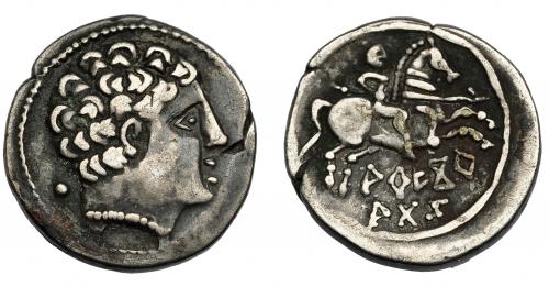 1031 - HISPANIA ANTIGUA. AREKORATAS. Denario. A/ Cabeza masculina con collar a der., detrás glóbulo. R/ Jinete con lanza a der., debajo AREKoR/ATaS. AR 3,89 g. 18,1 mm. I-110. ACIP-1760. Cospel abierto. MBC. Rara.