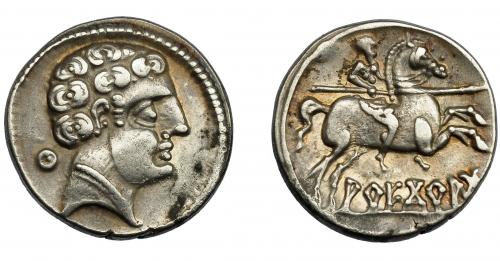 1033 - HISPANIA ANTIGUA. AREKORATAS. Denario. A/ Cabeza masculina a der., detrás signo ibérico Ku. R/ Jinete con lanza a der., dos pies visisbles; debajo sobre línea AREKoRATa. AR 4,02 g. 17,9 mm. I-105 vte. ACIP-1774. MBC+. Compra privada a Pliego (1992).