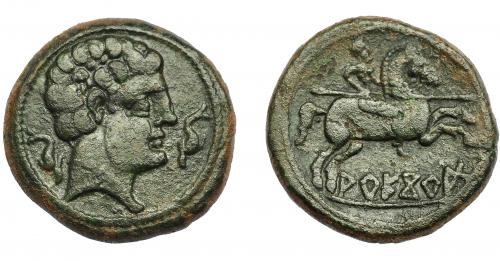 1036 - HISPANIA ANTIGUA. AREKORATAS. As. A/ Cabeza masculina a der. entre dos delfines. R/ Jinete lancero a der., debajo sobre línea AREKoRATa (signos A y Ta nexados). AE 11,70 g. 25,6 mm. I-117. ACIP-1778. Pátina verde oscuro. MBC. Ex Áureo, 19-10-1994, lote 1126.