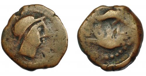1004 - HISPANIA ANTIGUA. ABDERA. Mitad. A/ Cabeza con casco a der. R/ Atún y delfín a izq., en medio ley. 'bdrt. AE 5,14 g. 18,5 mm. I-17. ACIP-879. BC-. Muy rara. Ex Áureo, 14-6-1994, lote 2068.