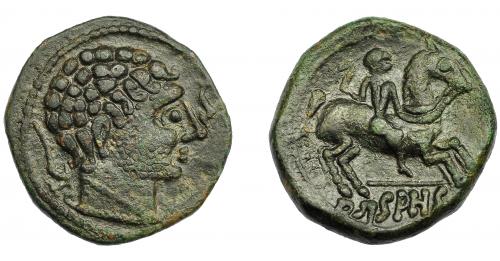 1040 - HISPANIA ANTIGUA. ARSAOS. As. A/ Cabeza masculina con torques a der., delante delfín, detrás arado. R/ Jinete con bipennis a der., bajo línea ley. en ibérico ARSAOS. AE 11,31 g. 25,3 mm. I-145. ACIP-1644.Pátina verde oscuro. MBC+/MBC.