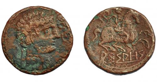 1041 - HISPANIA ANTIGUA. ARSAOS. As. A/ Cabeza masculina a der., delante delfín, detrás arado. R/ Jinete con bipennis a der., bajo las patas del caballo, sobre línea, ley. en ibérico ARSAOS. AE10,02 g. 25 mm. I-144. ACIP-1653. BC+/MBC-.