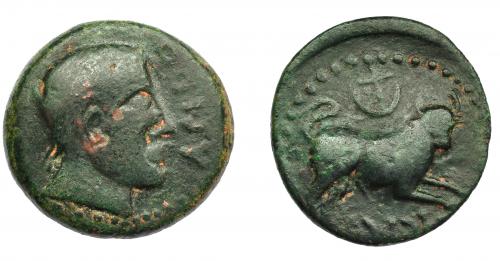 1044 - HISPANIA ANTIGUA. ASIDO. As. A/ Cabeza masculina con ínfulas a der.; delante ASIDO. R/ Toro saltando a der.; encima creciente y estrella, debajo ´sdnbl. AE 18,48 g. 28,9 mm. I-153. ACIP-913. Pátina verde oscuro. BC+/MBC-. Muy escasa. Ex Vico, 02-03-09, lote 22.