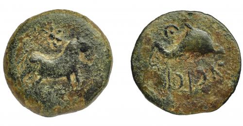 1046 - HISPANIA ANTIGUA. ASIDO. Semis. A/ Toro a der., encima estrella. R/ Delfín a der., encima creciente con punto, delante caduceo, debajo ´sdnbl. AE5,92 g. 22,4 mm. I-158. ACIP-914. Pátina verde. BC+. Compra privada a Pliego (1997).