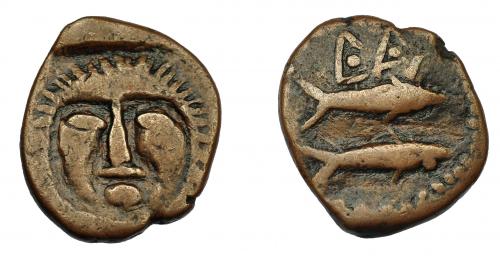 1048   -  HISPANIA ANTIGUA. ASIDO. Semis. A/ Cabeza frontal de Melkart con leonté. R/ Dos atunes a izq., debajo b´b´l. AE 4,36 g. 20 mm. I-156. ACIP-919. MBC-. Muy escasa. Ex Áureo, 27-1-1999, lote 135.