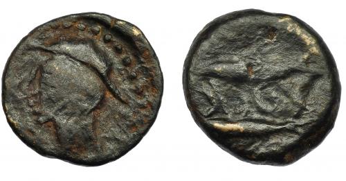 1006 - HISPANIA ANTIGUA. ABDERA. Mitad. A/ Cabeza con casco a izq. R/ Dos atunes a der., en medio ley. 'bdrt. AE 6,02 g. 20,1 mm. I-no. ACIP-883. Pátina oscura. BC+. Rarísima. Ex Áureo, 14-6-1994, lote 2069.