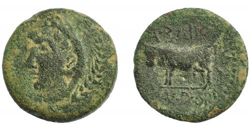 1061 - HISPANIA ANTIGUA. BAILO. As. A/ Cabeza de Hércules a izq. con leonté y espiga. R/ Toro a izq. sobre línea, encima A BAILO, debajo (Q) MANL P CORN. AE 14,59 g. 26,6 mm. I-184. ACIP-928. Pátina verde rugosa. BC+. Rara. Ex Áureo, 22-10-97, lote 236.