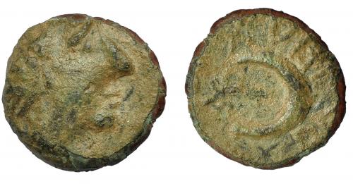 1064 - HISPANIA ANTIGUA. BALLEIA. Divisor. A/ Cabeza a der. R/ Creciente con estrella, a los lados aspas, debajo BA(LL)EIA. AE 2,39 g. 15,3 mm. I-211. ACIP-2481. Pátina verde claro. MBC-. Muy rara.