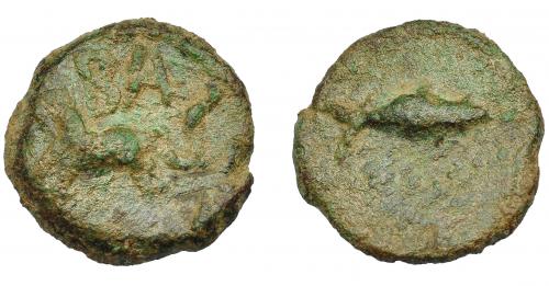 1066 - HISPANIA ANTIGUA. BALSA. Divisor. A/ Atún. R/ Caballo galopando a izq., encima BALS. AE 4,64 g. 18,7 mm. I-197. ACIP-2510. Pátina verde. BC+. Rara. Compra privada Pliego (1995).
