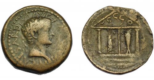 1007 - HISPANIA ANTIGUA. ABDERA. As. Tiberio. A/ Cabeza laureada a er.; TI CAESAR DIVI AVG F (AVGVSTVS). R/ Templo tetrástilo con las columnas centrales en forma de atún; en el tímpano 'bdrt. I-24. AE 11,99 g. 27 mm. APRH-124. ACIP-3303. MBC-/MBC. Ex Áureo, 14-6-1994, lote 265.