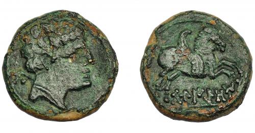 1085 - HISPANIA ANTIGUA. BELIKION. Semis. A/ Cabeza masculina a der., detrás Be. R/ Pegaso a der., debajo sobre línea BeLIKiON. AE 5,57 g. 19,6 mm. I-245. ACIP-1435. Pátina verde oscuro con alguna erosión. Golpe en anv. MBC-/MBC. Muy escasa.