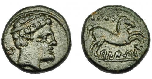 1086 - HISPANIA ANTIGUA. BELIKION. Cuadrante. A/ Cabeza diademada a der., delante Be. R/ Caballo golpeando a der., encima 4 glóbulos, debajo sobre línea BeLIKiON. AE 3,51 g. 15,5 mm. I-248. ACIP-1436. Pátina verde oscuro. MBC/MBC-. Rara.