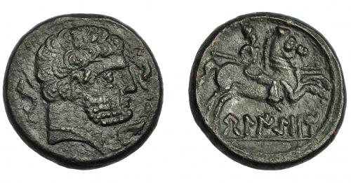 1087 - HISPANIA ANTIGUA. BELIKION. As. A/ Cabeza masculina a der., alrededor 3 delfines. R/ Jinete lancero a der., debajo BeLIKiON. AE 10,35 g. 23,6 mm. I-244. ACIP-1437. Pátina oscura rugosa. MBC+. Muy rara.