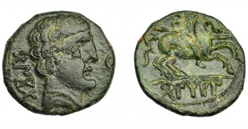 1088 - HISPANIA ANTIGUA. BENTIAN-BENKOTA. As. A/ Cabeza masculina a der., delante delfín, detrás BeNKoTa. R/ Jinete lancero a der., bajo línea BeNTiAN. AE 7,00 g. 23,6 mm. I-251. ACIP-1673. Pátina verde oscuro. MBC/MBC-. Rara. Ex Áureo, 15-12-1994, lote 171.