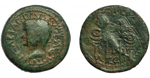 1 - HISPANIA ANTIGUA. ACCI. As. Tiberio. A/ Cabeza laureada a izq. R/ Dos aquilae entre dos signa; L-I-II/A-CC-I. AE 13,14 g. 28,6 mm. I-39. APRH-139. ACIP-3007. Pátina verde. BC/BC+. Rayas.
