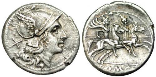 107 - REPÚBLICA ROMANA. ACUÑACIONES ANÓNIMAS. Denario. Sur de Italia (200-190 a.C.). AR 4,42 g. CRAW-445. FFC-7. MBC+.