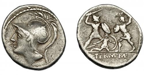 110   -  REPÚBLICA ROMANA. MINUCIA. Denario. Roma (103 a.C.). R/ Dos soldados combatiendo, entre ellos, uno caído. AR 3,78 g. 19,67 mm. CRAW-319.1. FFC-928. BC+.