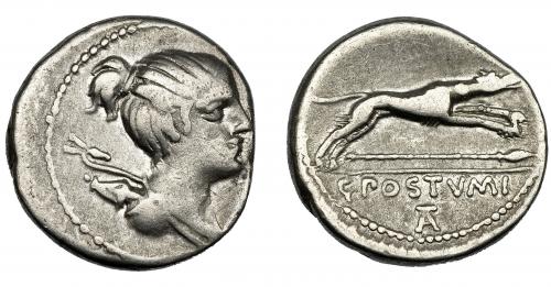 111 - REPÚBLICA ROMANA. POSTUMIA. Denario. Roma (74 a.C.). R/ Perro a der., debajo lanza; en exergo C POSTVMI/TA. AR 3,54 g. 17,93 mm. CRAW-1073. FFC-1073. MBC-.