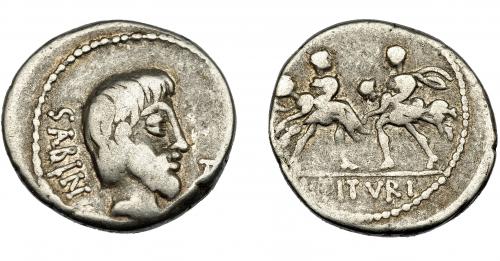 113   -  REPÚBLICA ROMANA. TITURIA. Denario. Roma (89 a.C.). A/ Cabeza del rey Tacio a der, delante TA (en monograma), detrás SABIN. AR 3,31g. 18,26 mm. CRAW-344-1a. FFC-1152. BC+.