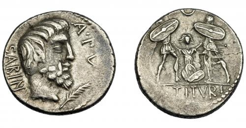 114 - REPÚBLICA ROMANA. TITURIA. Denario. Roma (89 a.C.). A/ Cabeza del rey Tacio a der, delante palma y ley. A PV; detrás SABIN. AR 6,67 g. 18,35 mm. CRAW-344-1c. FFC-1155. Fina grieta. MBC.