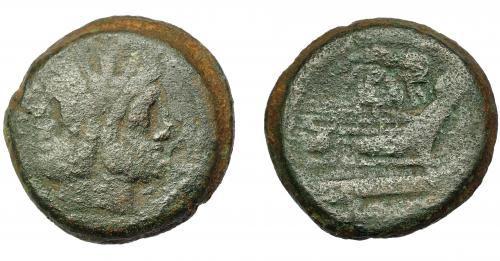 115 - REPÚBLICA ROMANA. ACUÑACIONES ANÓNIMAS. As. Sudeste de Italia (208 a.C.). A/ Cabeza de Jano bifronte. R/ Proa a der., encima maza y a der. valor I. AE 29,22 g. 31,65 mm. CRAW-89.3. BC+.