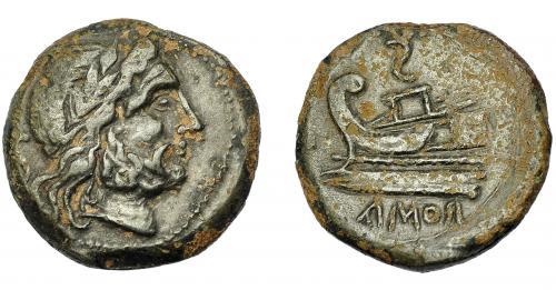 116 - REPÚBLICA ROMANA. IMITACIÓN HISPANA DE NUMERARIO ROMANO. Semis (I a.C.-I d.C.). A/ Cabeza de Saturno a der., detrás S. R/ Proa a izq., encima S invertida y en exergo AMOR. AE 7,51 g. 22,77 mm. I-R51. MBC-/MBC.