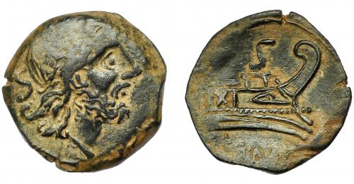 117 - REPÚBLICA ROMANA. IMITACIÓN HISPANA DE NUMERARIO ROMANO. Semis (I a.C.-I d.C.). A/ Cabeza de Saturno a der., detrás S. R/ Proa a der., encima S y en exergo ROMA. AE 5,71 g. 22.55 mm. I-R44. MBC-/MBC.