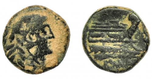 118 - REPÚBLICA ROMANA. ACUÑACIONES ANÓNIMAS. Cuadrante. Roma (91 a.C.). A/ Cabeza de Hércules a der. R/ Proa a der., debajo ROMA. AE 3,87 g. 15,93 mm. CRAW-339/4c. BC/BC+.
