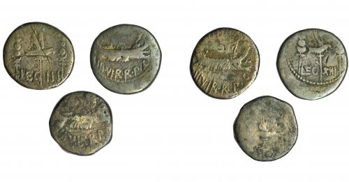119   -  PERIODO JULIO CÉSAR- AUGUSTO. MARCO ANTONIO. Lote de 3 denarios. De RC a BC.