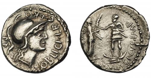 121 - PERIODO JULIO CÉSAR- AUGUSTO. POMPEYO EL GRANDE. Denario. Hispania (46-45 a.C.). A/ Cabeza de Palas a der.; M. POBLICI. LEG. PRO. PR. R/ Cneo Pompeyo hijo con proa bajo su pie, entregando palma a la Bética, con escudo y dos jabalinas; (CN) MAGNVS IMP. CRAW-469a. FFC-1. MBC+.