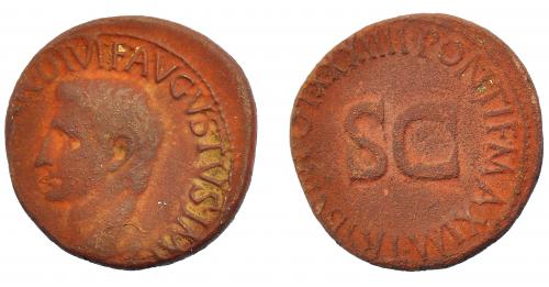 132 - IMPERIO ROMANO. PERIODO DE JULIO CÉSAR A AUGUSTO. As. Roma (11-12 d.C). A/ Cabeza a izq.; IMP CAESAR DIVI F AVGVSTVS IMP XX. R/ SC, alrededor PONTIF MAXIM TRIBVN POT XXXIIII. AE 10,03 g. 27,6 mm. RIC-471. MBC-.