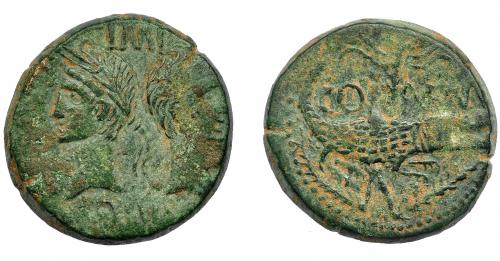 133 - IMPERIO ROMANO. PERIODO DE JULIO CÉSAR A AUGUSTO. AGRIPA Y AUGUSTO. As. Colonia Nemausus (10-14 d.C.). A/ Bustos opuestos de Agripa y Augusto; IMP/DIVI (F). R/ Cocodrilo a der. encadenado a palmera; COL NEM. RIC-155. Pátina verde. MBC/MBC-.