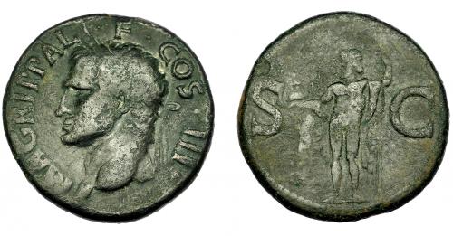 135 - IMPERIO ROMANO. PERIODO DE JULIO CÉSAR A AUGUSTO. AGRIPA. As. Roma (37-41 d.C.). A/ Cabeza a izq. con la corona real. R/ Neptuno a izq. con pequeño delfín y tridente, a los lados, S-C. AE 11,41 g. 28,46 mm. RIC-58. MBC-/BC+.