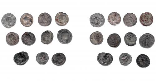 136   -  IMPERIO ROMANO. Lote de 11 denarios de Faustina II a Julia Mamea. BC-/MBC.