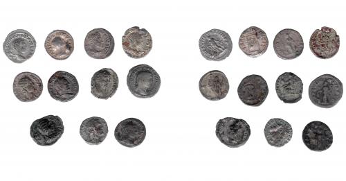 136 - IMPERIO ROMANO. Lote de 11 denarios de Faustina II a Julia Mamea. BC-/MBC.