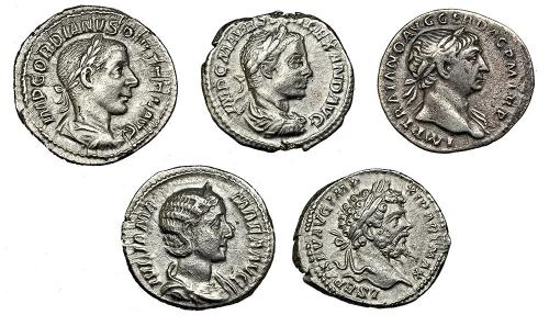 143 - IMPERIO ROMANO. Lote de 5 denarios: Trajano, Septimio Severo, Julia Mamea, Alejandro Severo y Gordiano III. MBC+/MBC-.