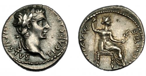 146 - IMPERIO ROMANO. TIBERIO. Denario. Lugdunum (36-37 d.C.). A/ Cabeza laureada a der.; TI CAESAR (DIVI AVG F) AVGVSTVS. R/ Livia entronizada a der. con rama y cetro, en trono con patas ornamentadas y sobre línea; PONTIF MAXIM. AE 3,63 g. 17,56 mm. RIC-30. MBC+/EBC-.