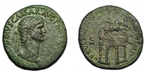 149 - IMPERIO ROMANO. CLAUDIO I. Sestercio. Roma (41-42 d.C.). A/ Cabeza laureada a der.; (TI C)LAVDIVS CAESAR AVG P M TR P IM(P). R/ Arco del triunfo surmontado por estatua ecuestre entre dos trofeos; NERO CLAV(DIVS DRVSVS GERM)AN IMP, S-C. AE 23,71 g. 33,82 mm. RIC-98. MBC-.