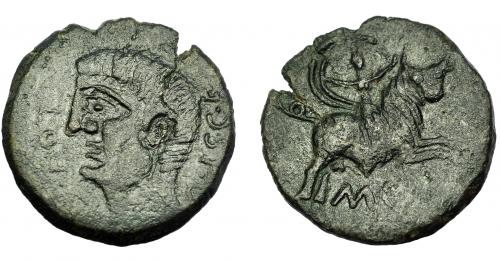 15 - HISPANIA ANTIGUA. INCIERTAS DE CASTULO. As. A/ Cabeza masculina a izq. R/ Rapto de Europa a der., debajo M. C. (F). AE 11,99 g. 28,63 mm. I-747. ACIP-2174. Pátina oscura. Cospel abierto. MBC.