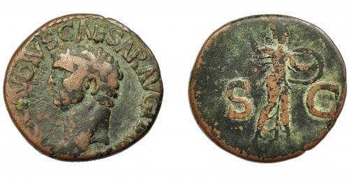 150 - IMPERIO ROMANO. CLAUDIO I. As. Roma (41-42 d.C.). R/ Minerva a der. con lanza y escudo; SC. AE 9,92 g. 27,47 mm. RIC-100. BC/BC-.