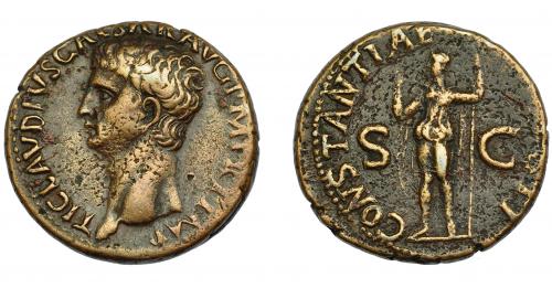 151 - IMPERIO ROMANO. CLAUDIO I. As. Roma (42-43 d.C.). A/ Cabeza desnuda a izq. R/ Constantia a izq. con lanza y alzando mano der.; CONSTANTIAE (AVGVSTI), S-C. AE 11,81 g. 27,77 mm. RIC-111. MBC/MBC-.